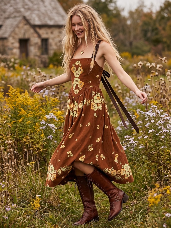 Free People Dresses & Skirts - Free People Dainty Cottage Micro Corduroy Until Dawn Midi Dress Brown Large